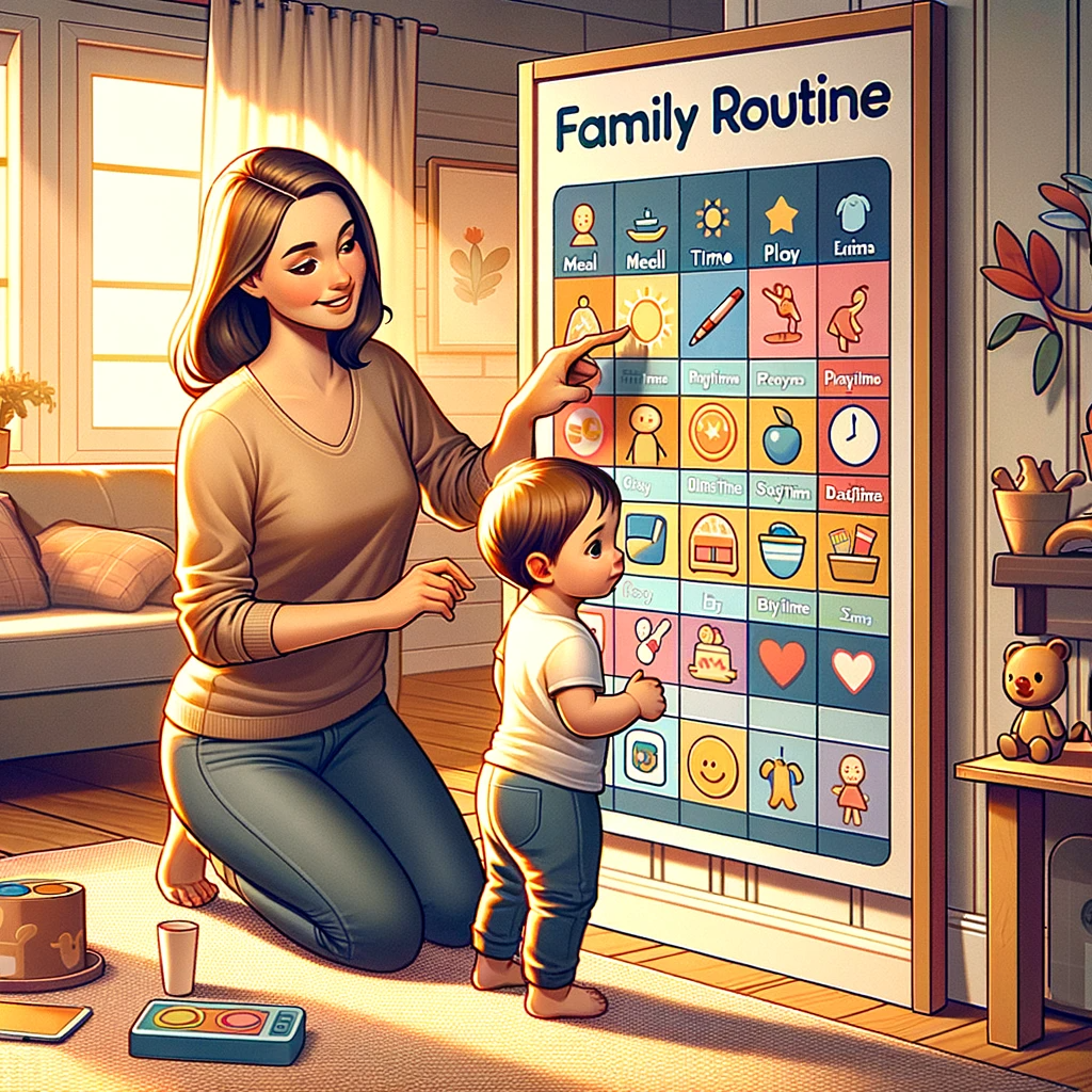 Illustration of a mother teaching her toddler about daily routines using a colorful chart at home. 